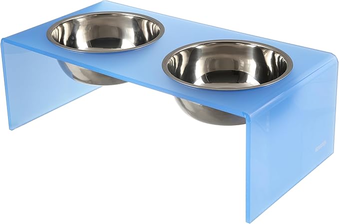 THE LICKER STORE DBL2001C Keaton 7.5" Medium/Large Modern Acrylic Rectangular Elevated Pet Feeder with 54oz 2-Stainless Steel Bowls, Blue/Chrome