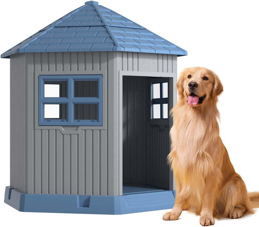 DRATO Dog House Indoor Outdoor Durable Large Dog Shelter with Outside Dog Kennel with Window and Elevated Floor for Small Medium Dogs (Blue, 34.8 * 30.51 * 36.89)
