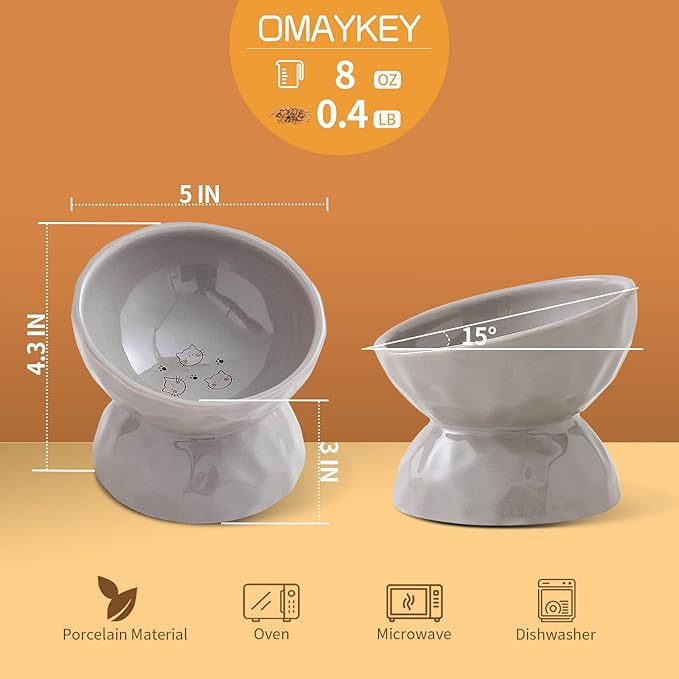 OMAYKEY Ceramic Raised Cat Bowls, Tilted Elevated Cat Food and Water Bowl Set, Porcelain Stress Free Pet Feeder Dish for Cats and Small Dogs, Dishwasher and Microwave Safe, White & Grey, Set of 2