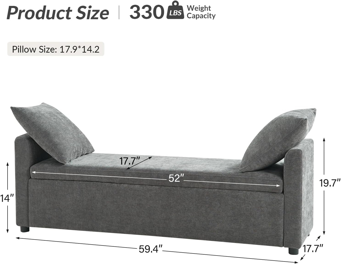 HULALA HOME Modern Storage Bench with Throw Pillows, 59.4" Extra Long Bedroom Ottoman Bench for End of Bed, Comfy Upholstered Footstool for Entryway Dining Room Living Room, Charcoal