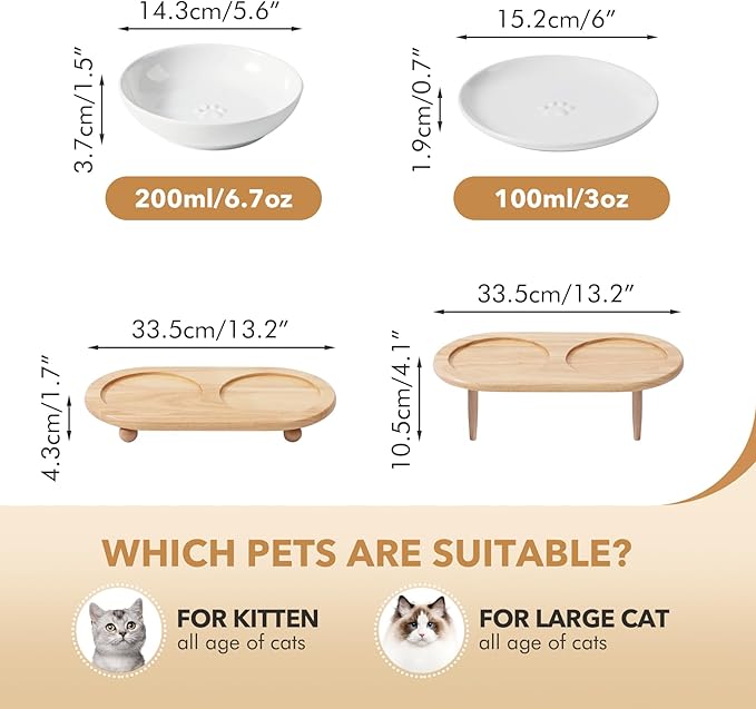 Raised Ceramic Wide Whisker Friendly Cat Dishes, Food& Water Bowl with 2 Style Stand Adjustable Raised Pet Bowl Set(2Dish+2Shallow Dish+Stand, White