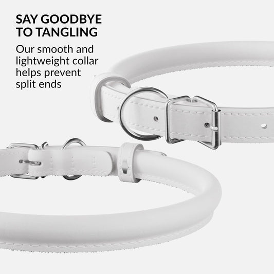 CollarDirect Rolled Leather Dog Collar, Soft Padded Round Puppy Collar, Handmade Genuine Leather Collar Dog Small Large Cat Collars 13 Colors (11-14 Inch, White Smooth)