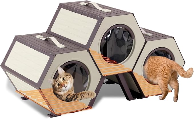 Heated Cat House for Outdoor Winter,Combined Cat Condo with Adjustable Temperature and Time， Insulated Outdoor or Indoor Cat Shelter for Feral with Escape Door (White and Brown, 3 Sets)