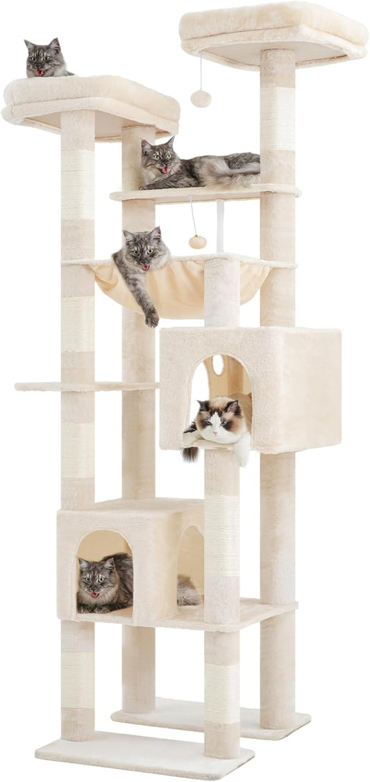 Hey-brother Tall Cat Tree Tower, Heavy Duty Scratching Posts with Large Platforms, Cozy Condos, Big Hammock, Toy Balls, Multi-Level Furniture for Indoor Adult Cats, 80.7 Inches, Beige MPJ039M