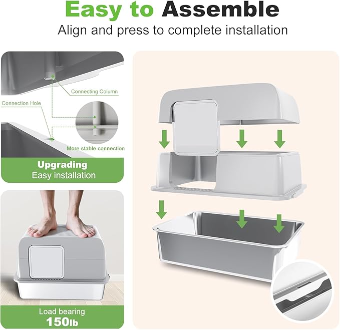 XL Stainless Steel Litter Box with Lid, Extra Large Enclosed Cat Litter Box for Big Cats, High Sided for No-Mess & Odor Control, Easy Clean Metal Pan with Scoop(Grey)