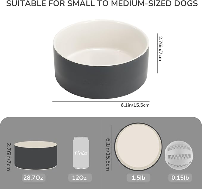 SPUNKYJUNKY 28.7OZ Ceramic Dog and Cat Bowl, Modern Cute Weighted Food Water Bowl for Replacement White-Grey (2 Pack)