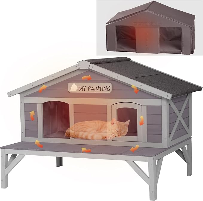 GUTINNEEN Outdoor Cat House Insulated Feral Cat Sheter for Winter with Insulated Liner and Large Porch