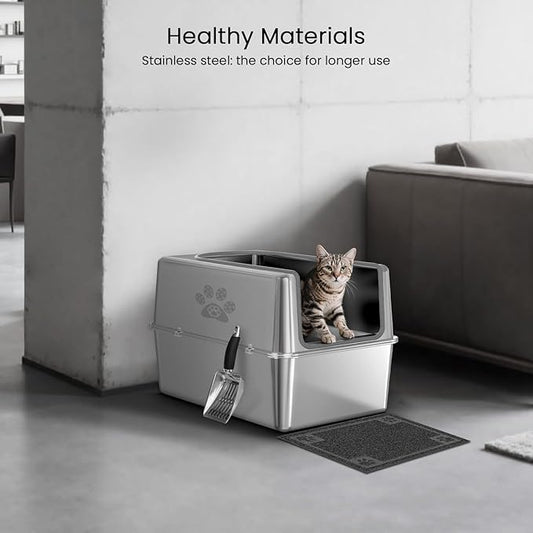 Enclosed Stainless Steel Cat Litter Box with Lid, Metal Litter Box for Big Cats, Extra Large Cat Toilet with High Side, Non-Stick, Anti-Leakage, Odorless, with Cats Litter Mat & Litter Scoop