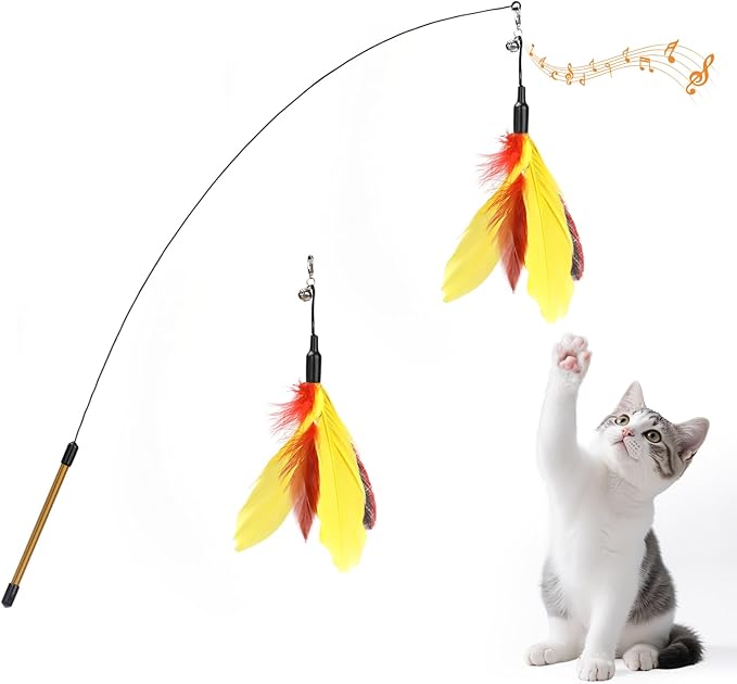 Pawaboo Feather Teaser Cat Toy, Interactive Feather Wand Cats Toy Flying Feathers Cat Catcher with Extra Long 34.5" Wand and Small Bell, Exerciser Playing Toys for Kitten or Cats, Yellow + Red Brown