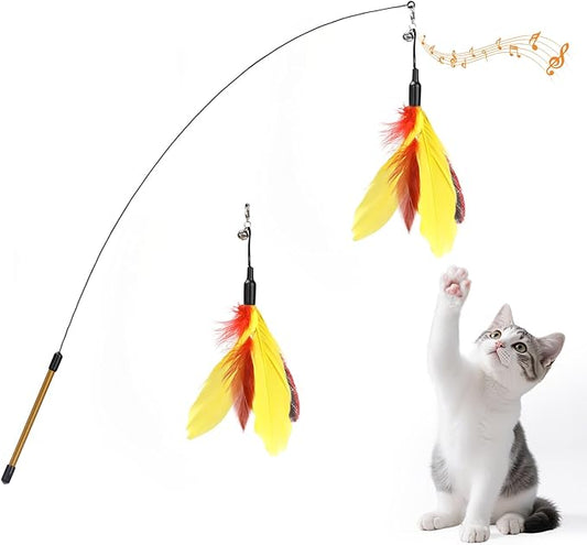 Pawaboo Feather Teaser Cat Toy, Interactive Feather Wand Cats Toy Flying Feathers Cat Catcher with Extra Long 34.5" Wand and Small Bell, Exerciser Playing Toys for Kitten or Cats, Yellow + Red Brown