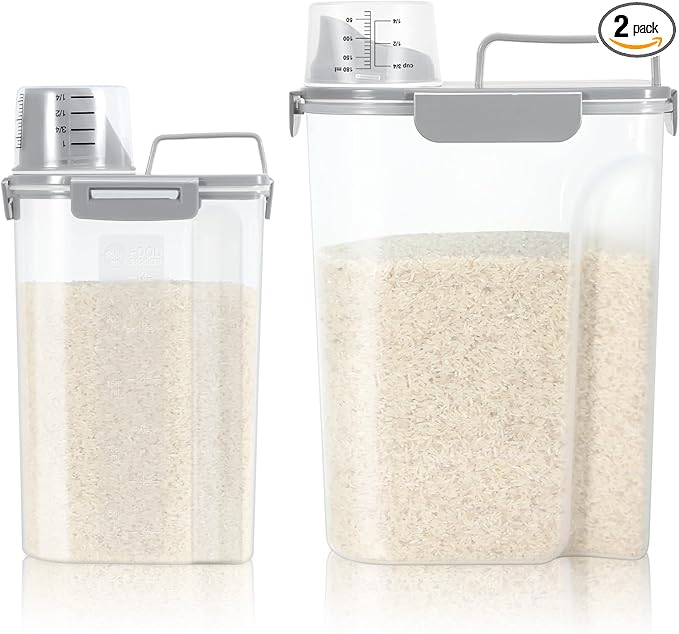 TBMax Rice Container 2 Pack, Airtight Cereal Container Oatmeal Storage with Easy-pouring Spout & Handy Cup for Flour Grain Beans, Pet Dog Cat Bird Food Storage Dispenser-Light Grey
