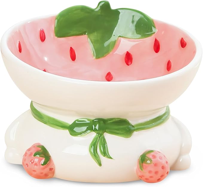 kathson Ceramic Raised Cat Bowl, 15° Tilted Elevated Cat Food Bowl, Raised Cat Food Bowls Anti Vomiting, Small Cat Feeding Bowlswith Stand for Protecting Spine, Strawberry Shaped Cute Kitten Bowl