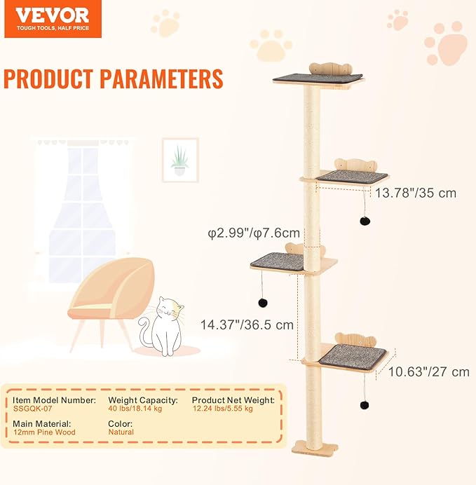 VEVOR 4 Tiers Cat Wall Furniture Set with 4 Jumping Boards, Wall-Mounted Cat Floating Shelf up to 40 lbs, 12 mm Pine Wood Perch for Sleeping, Playing, and Climbing
