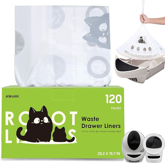 Cat Litter Box Robot 4 and 3 Waste Bags, 120 Pack Automatic Litter Box Bags, Thick Heavy Duty Cat Litter Box Liner Bags 25.2 x 15.7 IN