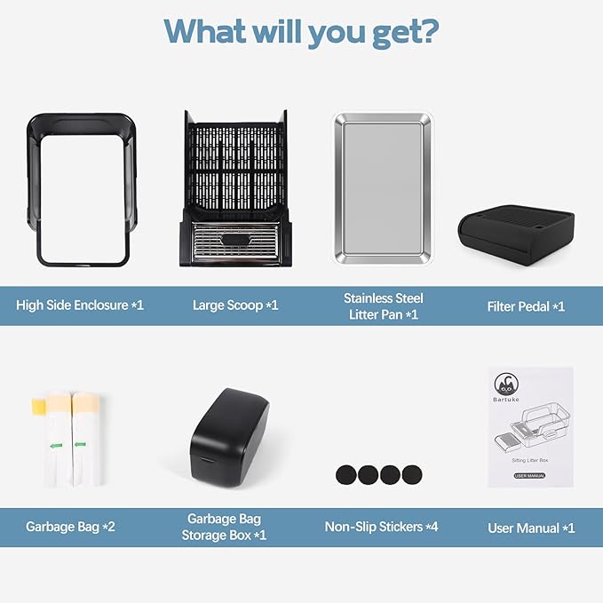 Stainless Steel Litter Box XXL, Extra Large 23.6“L x 15.8”W x 11.8" H High Sided Metal Cat Litter Box with One-Piece Scoop, Filter Pedal, Garbage Bags & Storage Box, Easy Cleaning (Black)