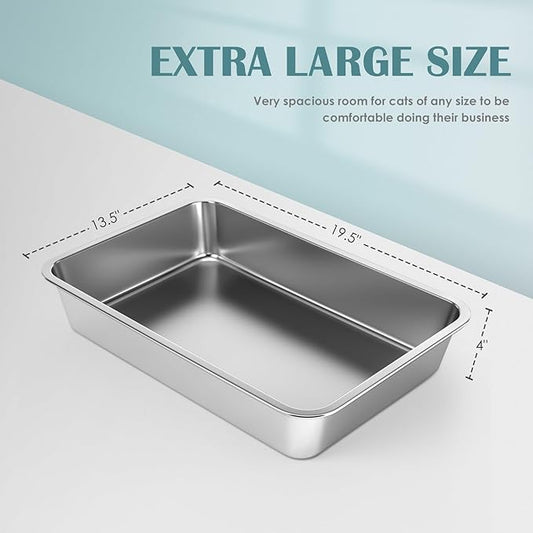 IKITCHEN Stainless Steel Cat Litter Box, Large Metal Litter Box for Cats, Never Absorbs Odors,Stain Free, Rustproof, Non Stick Smooth Surface, Anti-Slip Rubber Bottom, 19.5" L x 13.5" W x 4" H