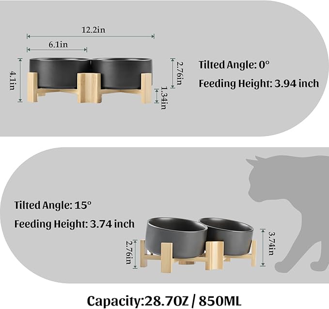 SPUNKYJUNKY 15° Slanted Ceramic Dog and Cat Bowl with Wooden Stand, Tilted Bulldog Food and Water Bowl No Slip Non-Spill for Cats Medium Dogs Big Face Pets 28.7 OZ (3.6 Cups, Black × 2)