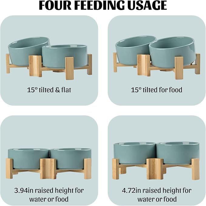 SPUNKYJUNKY 15° Slanted Ceramic Dog and Cat Bowl with Wooden Stand, Tilted Bulldog Food and Water Bowl No Slip Non-Spill for Cats Medium Dogs Big Face Pets 28.7 OZ (3.6 Cups, Light Green × 2)