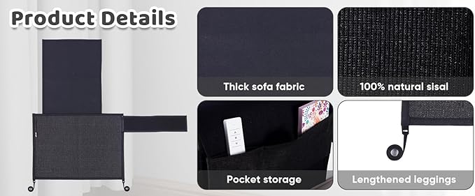 NATUYA Cat Scratch Couch Protector, Sisal Furniture Protector Cats Scratching Pad, Anti-Cat Scratch Sofa Armrest Couch Protective Shield with Pocket (Black, Fit Left or Right)