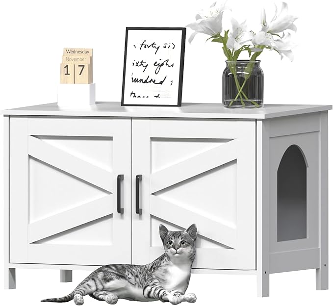 Homhedy Cat Litter Box Enclosure, Wooden Cat Washroom Furniture with Barn Door, Pet House, Fit Most of Litter Box, White