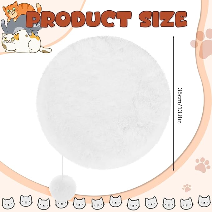 Abbylike 3 Pack 13.8 Round Cat Dog Bed Cushion Pad Mat Faux Rabbit Fur Pet Sleeping Mat with Small Ball Warm Plush Anti Slip Washable Cat Tree Tower Replacement Cushion Pad for Carrier Crate, White