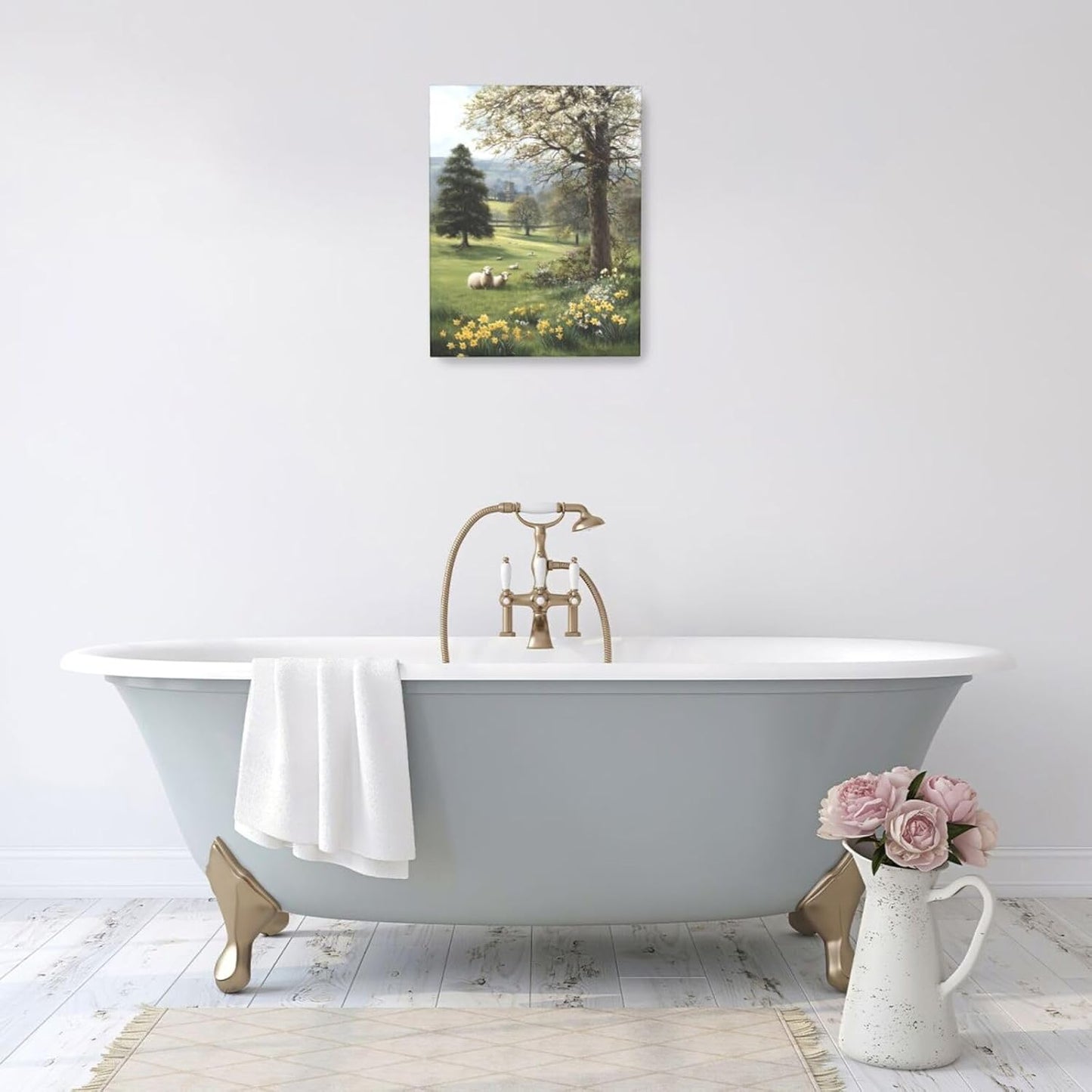 Country Sheep Canvas Wall Decor Farmhouse Rustic Lamb Wildflower Wall Art Nature Countryside Landscape Pictures Painting Print Framed Artwork Decorations for Bathroom Living Room Bedroom 16"x20"