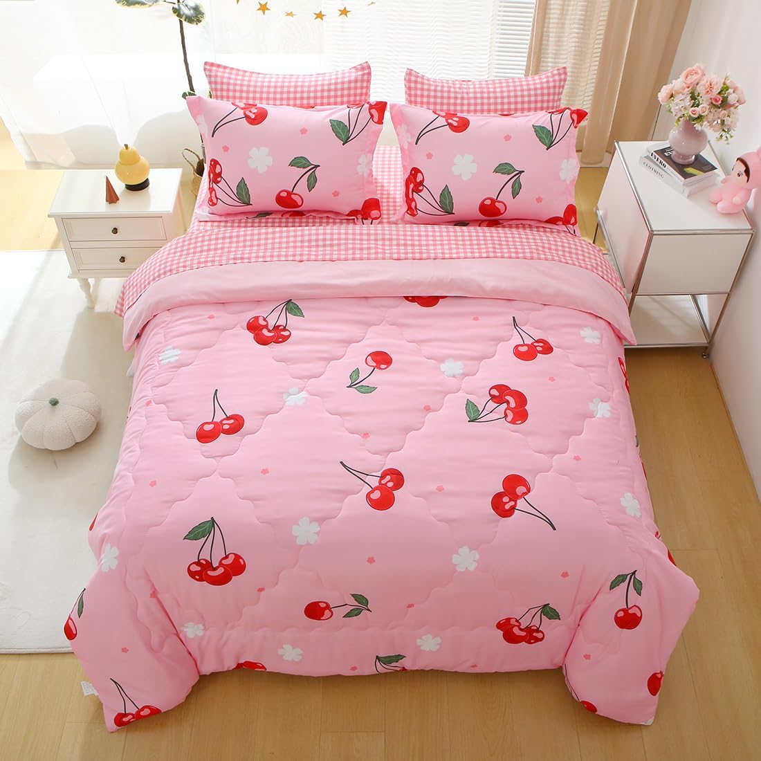 Girls Cherry Comforter Bedding Set Twin Size 7 Piece Pink Kawaii Oriental Cherry Comforter Set Bed in A Bag for Kids Teens All Season (Comforter,Flat Sheet,Fitted Sheet and Pillow Sham)