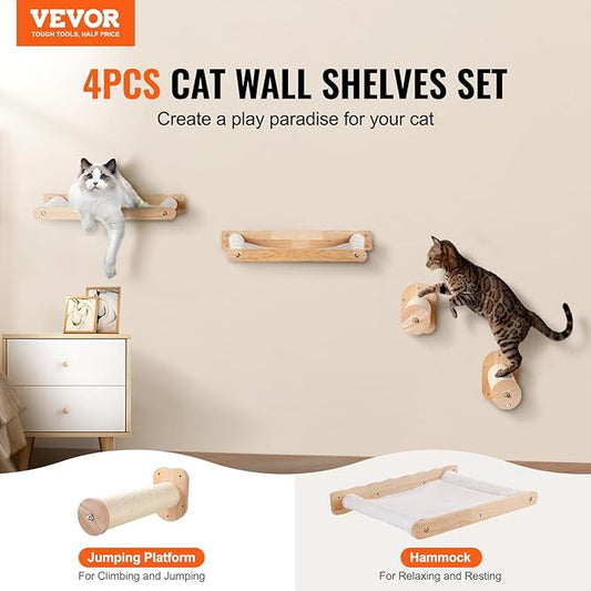 VEVOR Wall Mounted Cat Shelves, Perches with Jumping Posts & Hammocks, Cat Furniture Set up to 40 lbs, Removable & Washable Coral Fleece for Sleeping, Playing, Climbing, Set of 4