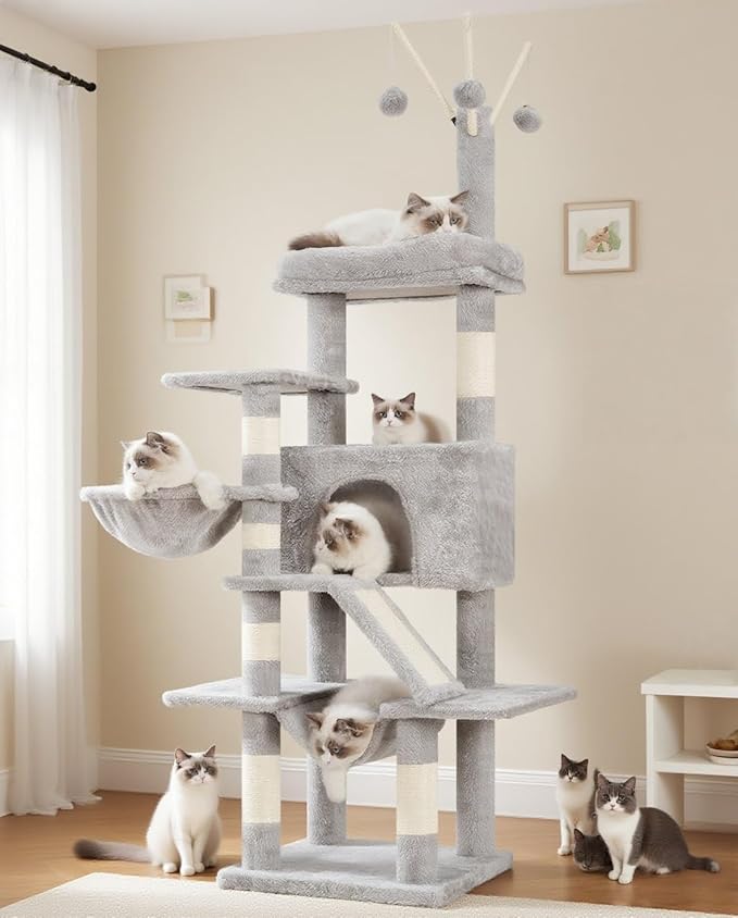Cat Tree, Multi-Level Cat Tower for Indoor Cats, Cat Condo with Cat Scratching Post and Board, Cat Hammock, Light Gray GCT011W