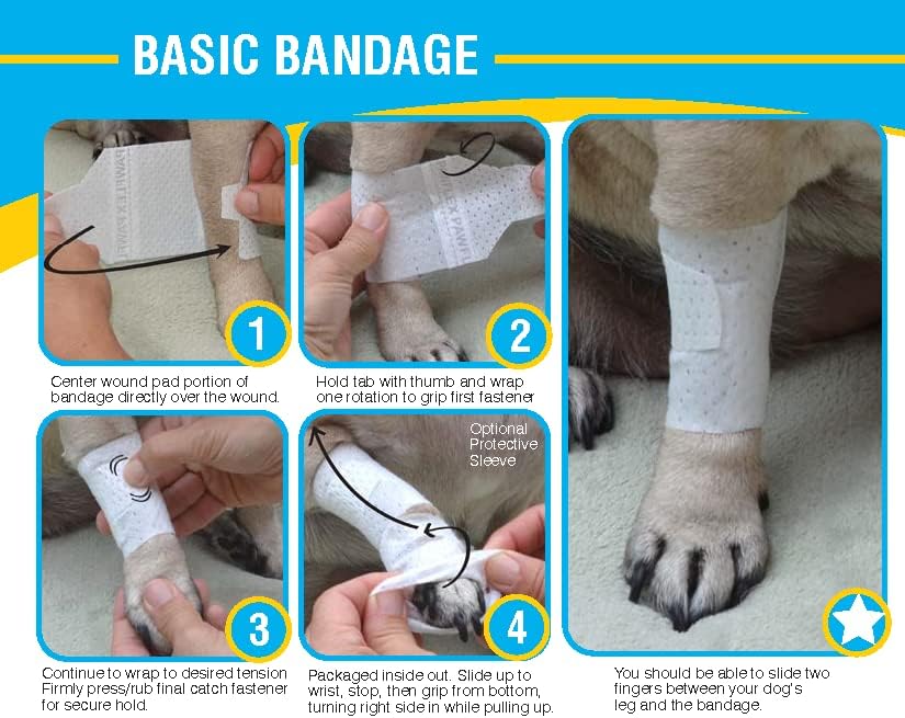 Basic Leg Bandages for Dogs, Cats, Pets -First- aid Non Adhesive Fur Friendly, Soft Stretch Wound Care, hot Spots, Fungus, Adjustable Fastening Strap Value Pack (2XS/XS 12-Pack)