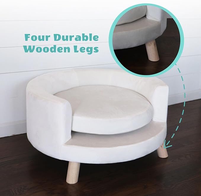 Critter Sitters 28-In. Elegant Circular Dog & Cat Sofa, Modern Elevated Pet Bed in Faux-Velvet White, Comfortable for Small to Medium-Sized Pets