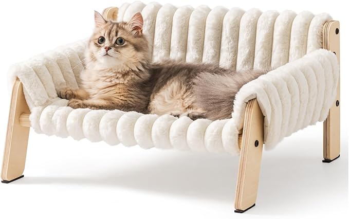 MEWOOFUN Cat Couch Bed, Pet Sofa for Indoor Cats Wooden Indoor Elevated Cat Beds with Removable Mattress Cover Suitable for Kitty, Puppy or Small Animal (Cream, Medium)
