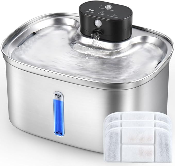 Wireless Cat Water Fountain Stainless Steel, 169oz/5L Cordless Smart Pet Water Fountain with 5000mAh Battery & Ultra Quiet Pump, Automatic Pet Water Dispenser for Cats & Dogs, 3 Filters