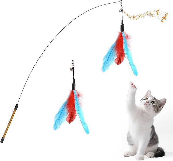 Pawaboo Feather Teaser Cat Toy, Interactive Feather Wand Cats Toy Flying Feathers Cat Catcher with Extra Long 34.5" Wand and Small Bell, Exerciser Playing Toys for Kitten or Cats, Blue + Red Brown