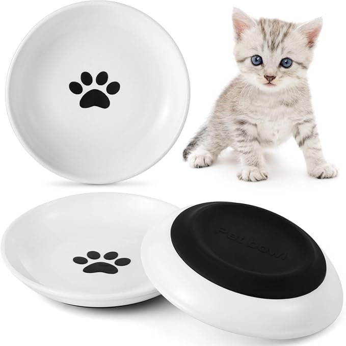 Dorakitten Ceramic Cat Bowls 3 Pack, No Whisker Fatigue Wide Shallow Cat Dishes with Non-Slip Silicone Bottom, Pet Food & Water Plates, 5.9 Inches Diameter