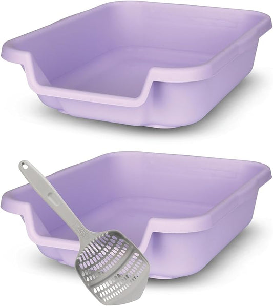 KittyGoHere Senior Cat Litter Box 2 Pack, Small Storybook Lavender Low Entrance Kitty Litter Box Sized for Cats Comfort, Perfect for Senior & Arthritic Cats, Made in USA - with Long-handle Jumbo Scoop