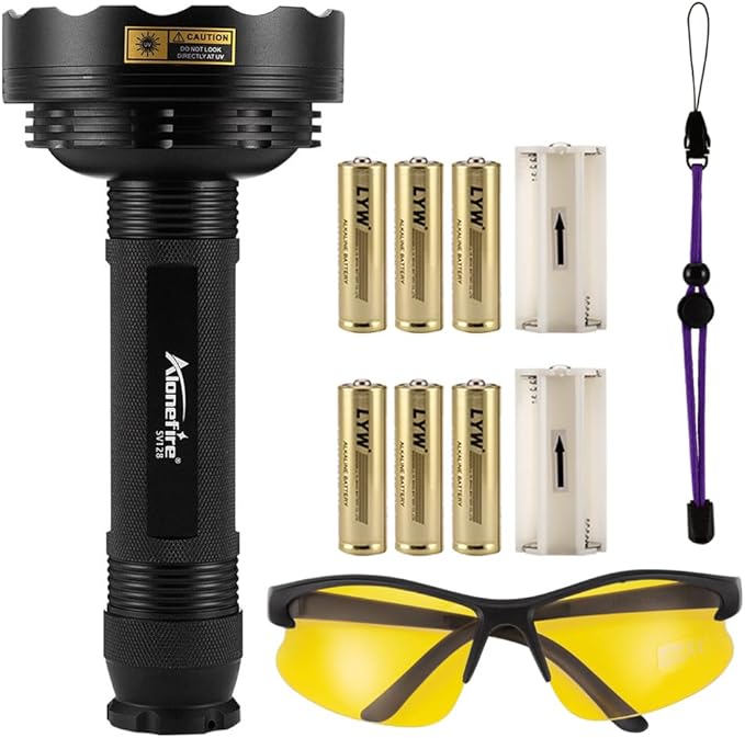 Alonefire SV128 395nm UV Flashlight 128 LEDs Woods Lamp Ultraviolet Black Light for Pet Urine Detection, Scorpion Detection, Dry Stain, Bedroom, Fishing with UV Protective Glasses, 6PCS AA Battery