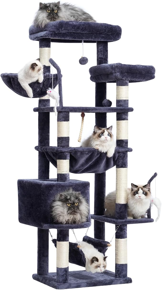 Cat Tree, Cat Tower for Large Cats with 2 Big Platforms, 2 Baskets, condo and Toys, 63" Cat Scratching Posts for Indoor Cats, Smoky Gray GCT020G