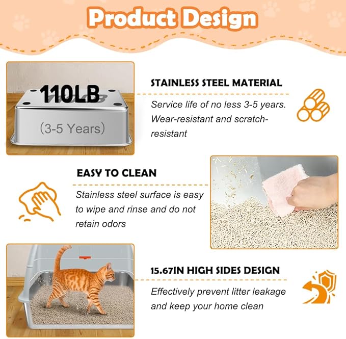 Vivifying Stainless Steel Litter Box with Lid, XL Front Entry Enclosed Extra Large Litter Box for Big Cats & Kitty, Top Exit Metal Cat Pan with Scoop, Mat, Trapping Step, Charcoal Filter (Gray)