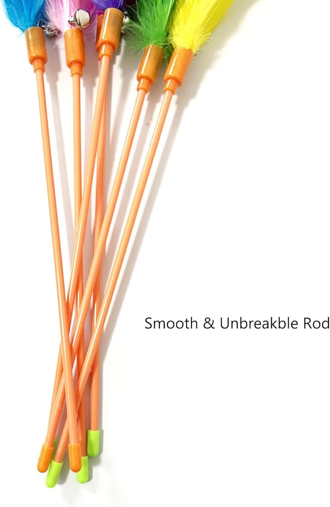 Cat Wands, 6 PCS Vibrant Color Feather Wands with Bell Unbreakable Cat Feather Sticks Interactive Kitten Toys for Indoor Cats