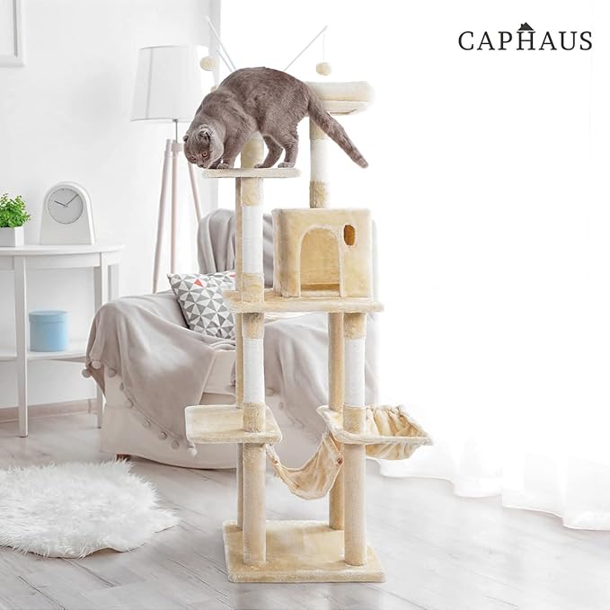 CAPHAUS 70-Inch Multi-Level Tall Cat Tree with Cute Top Perch, Scratching Posts, Cat Activity Tree w/Modern Hammock, Cat Cave Condo for Large Cats Kittens Tall Cat Climbing Play Tower