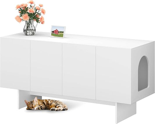 Double Litter Box Enclosure, Litter Box Enclosure for 2 Litter Boxes, Modern Litter Box Furniture for 2 Cats, Scandi Style (White)