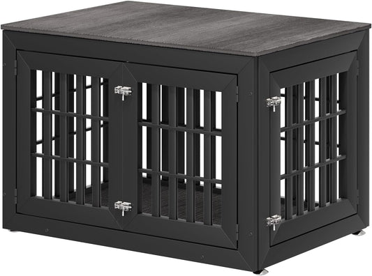 42" Heavy Duty Dog Crate Furniture for Small,Medium and Large Dogs,Rustic Wooden Dog Cage Kennel Indoor Furniture with Waterproof Top,Decorative Pet House Side End Table (Black & Grey)