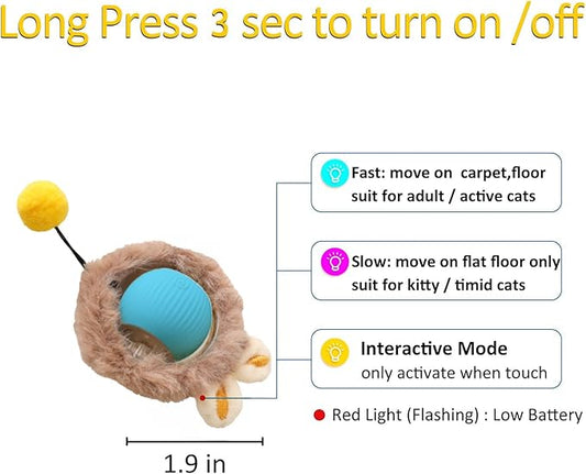 Interactive Cat Toy Ball for Indoor Cats, 2025 New Fast Self Rolling Ball Cat Toy on Carpet, Smart Interactive Automatic Cat Toy Ball for Gifts for Indoor Cats, Moving Cat Toy Ball-Plush Style(Blue)