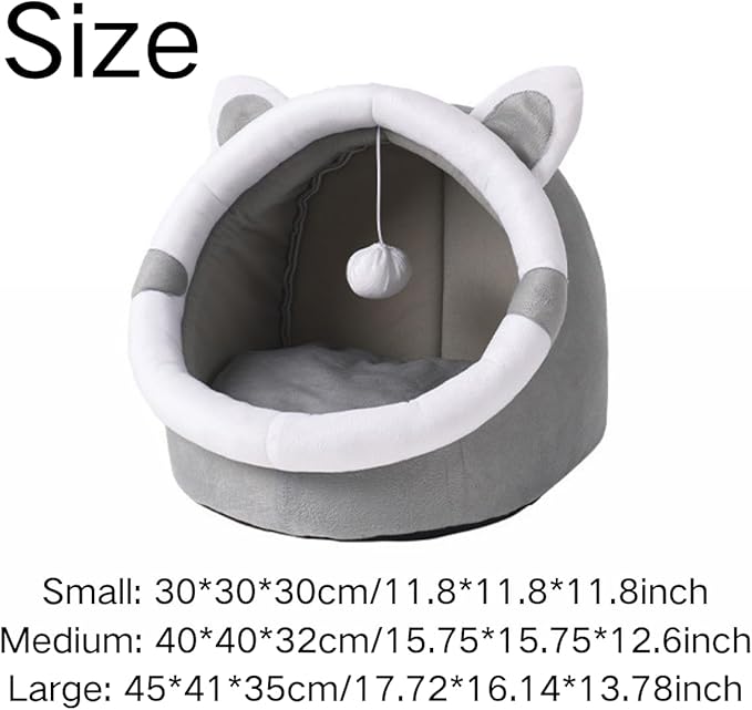 Cat Bed Cave with Removable Cushion, Indoor Pets Plush House Bed with Pompom for Small Dogs Cats Kitten Puppy Rabbits (Grey,S)