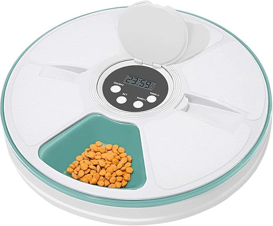 Automatic Cat Feeder, 6 Meal Timed Pet Dispenser Easily Programmable &Easy to Clean, Auto Feeder for Cats/Small Dogs (Green)