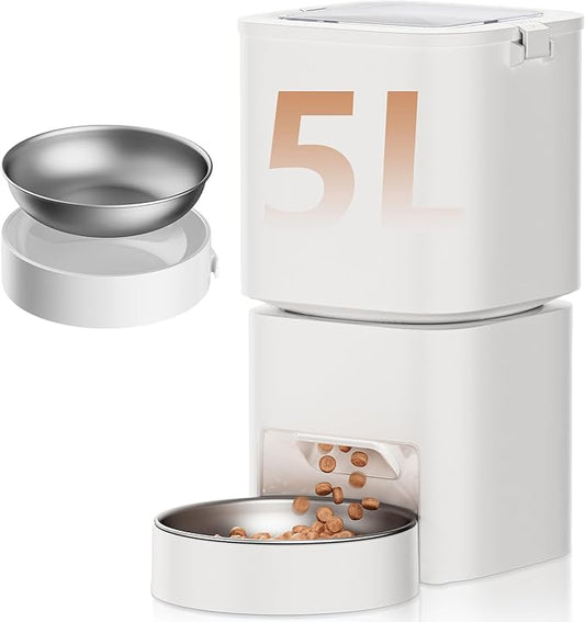 5L/21 Cups Automatic Cat Feeder, Timed Automatic Pet Feeders, Cat Dry Food Dispenser Dual Power, 10 Meals Programmable 1-15 Portion Control Cats Feeder, Pet Food Dispenser for Cats & Puppy(Not WiFi)