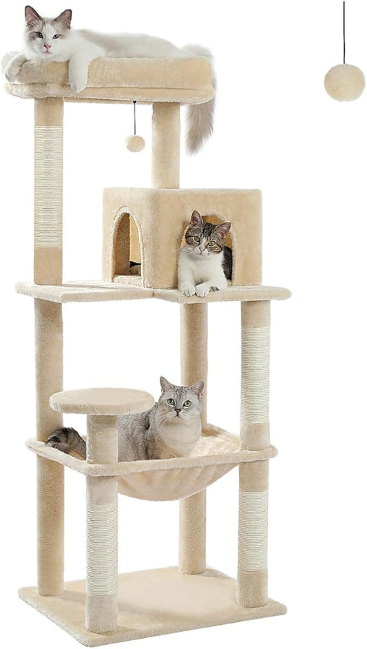 Cat Tree for Large Cats Adult with Metal Plush Big Hammock, 56.3" Cat Tower with 2 Door Condo House, 6-Tier Cat Shelves with Scratching Posts and Large Top Perch, Beige