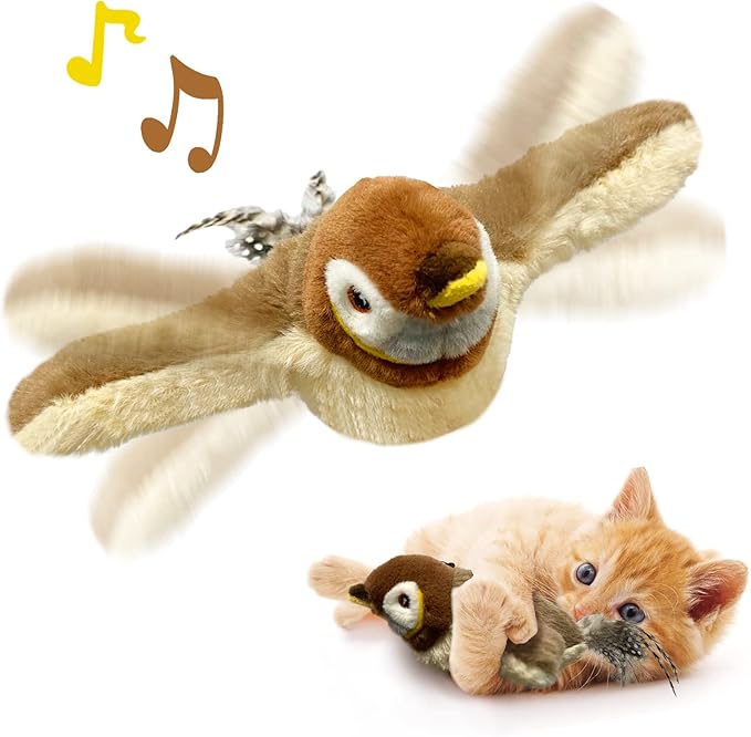Cat Toys, Flapping Wings Sparrow, No Flying, Chirping Bird Interactive Catnip Toy for Kitten or Small Dogs, Touch Activated, Rechargeable