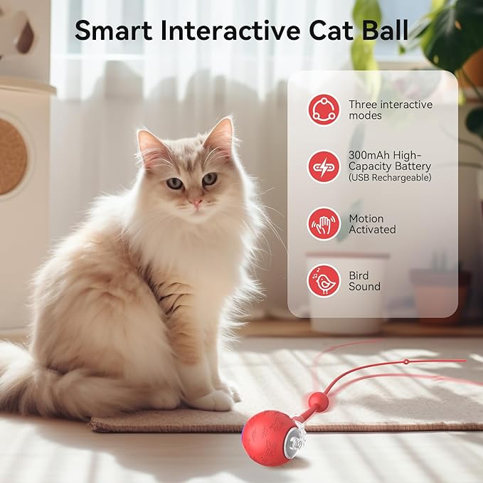 Interactive Cat Toys Ball for Indoor Cats,Automatic Kitten Toys for Bored Indoor Adult Cats,Motion Activated,USB Rechargeable(red)